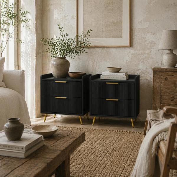 Wyld Haus Veha Black Set Of 2 Elegant Ribbed 2 Drawer Bedside Tables Gold Handles