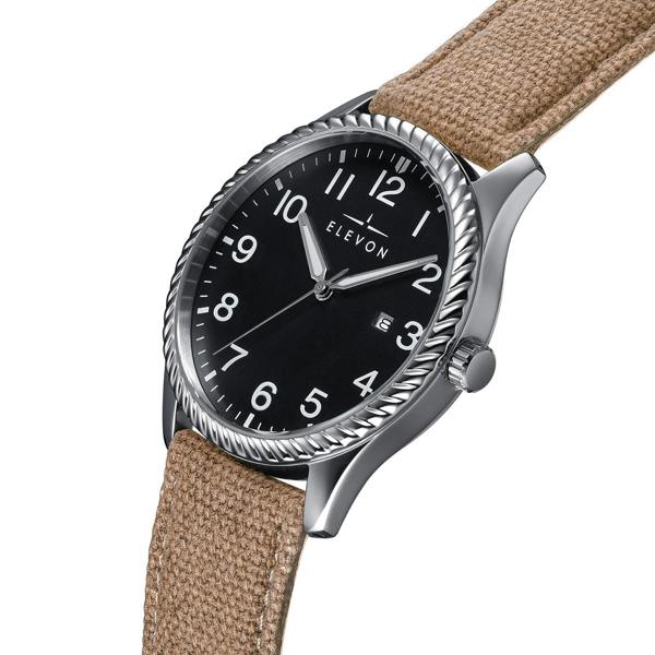 Elevon Crosswind Canvas-Overlaid Leather-Band Watch w/ Date - Black/Khaki - ELE128-3