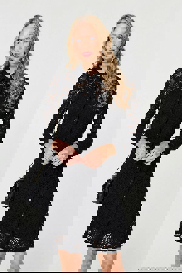 Black | Lace Layer Long Sleeve Mini Shirt Dress
