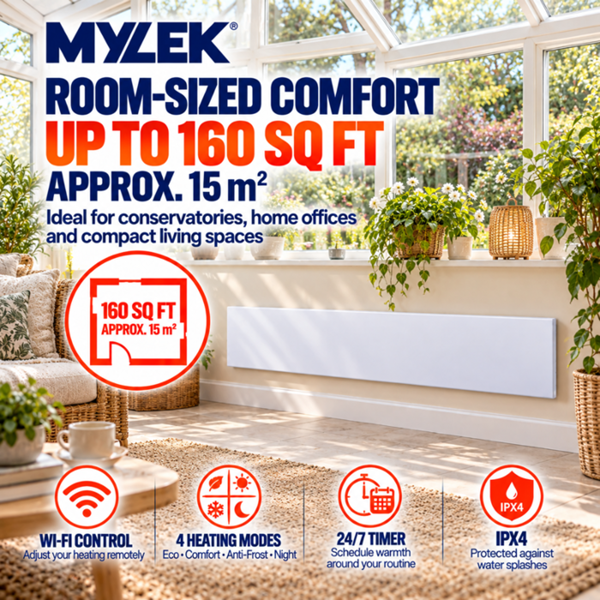 MYLEK Panel Space Heater White Low Level 1KW Eco, Smart and WiFi App Slimline Low Energy - Wall Mounted, Bathroom IPX4