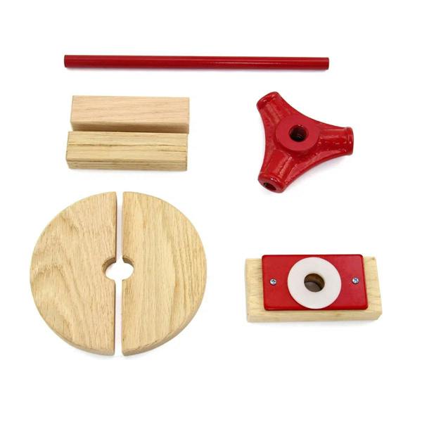 Wooden components for KuKoo Fruit Crusher and 18 Litre Fruit Press, featuring red and natural wood pieces, designed for easy assembly