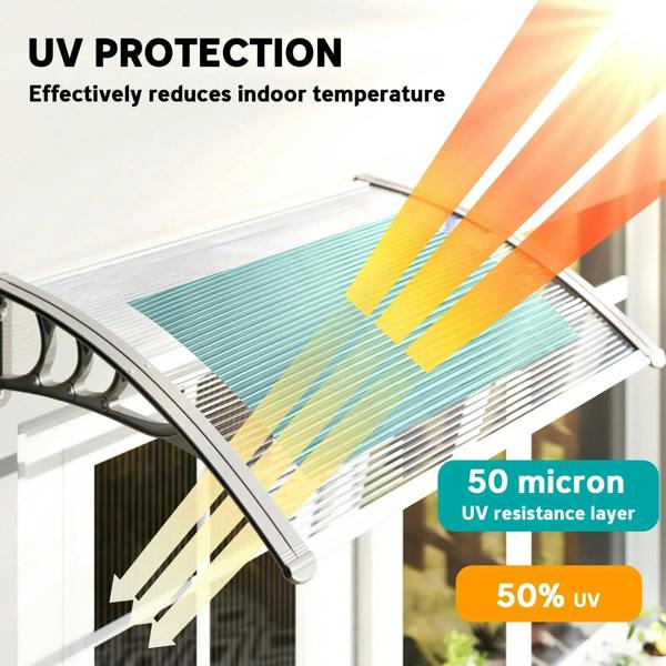 Clear ridged polycarbonate front door canopy with curved metal frame and side mounts