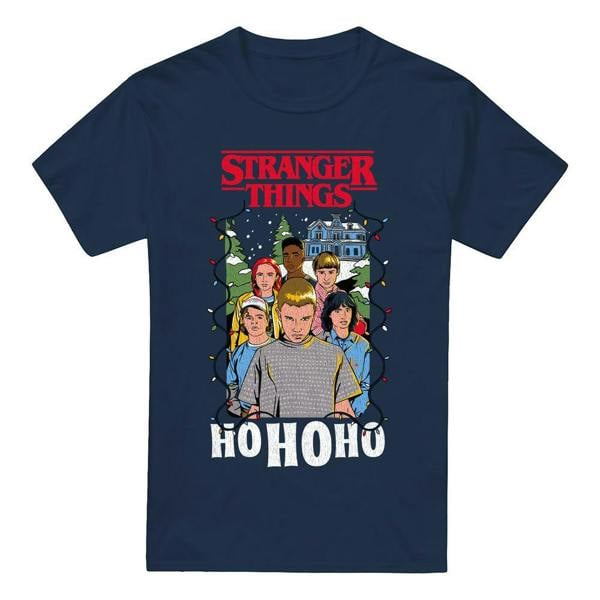 Stranger Things Mens Ho Ho Ho Group Shot T-Shirt - Navy