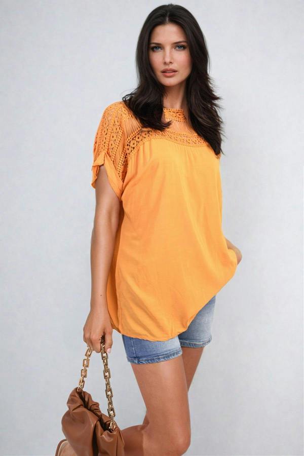 Sylvia Lace Insert Round Neck Hollow Top - Orange