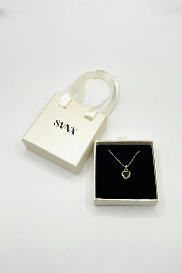 SVNX Emerald Green Diamante Heart Necklace in Gold - Gift Boxed