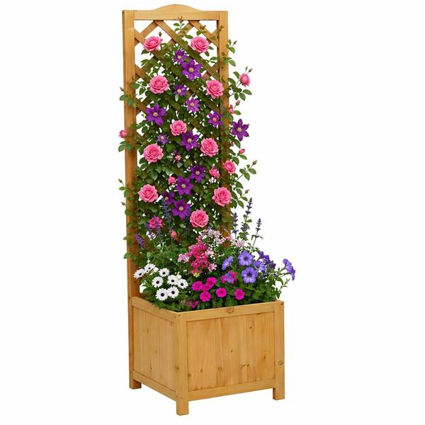 Gr8 Garden Wooden Garden Planter with Trellis Square Outdoor Flower Box for Climbing Plants