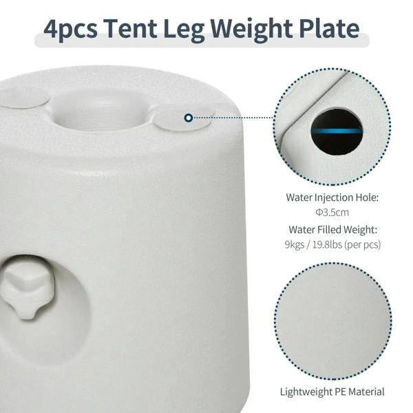 White tent leg weight with water-injection hole detail and top fill opening