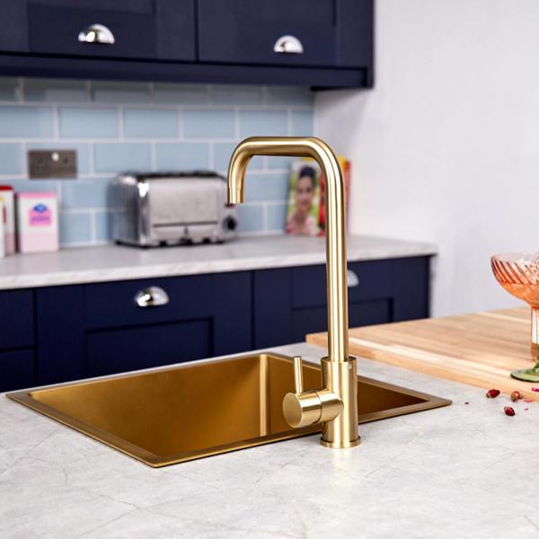 Flode Dellen | Single Lever Kitchen Sink Mixer Tap with Swivel Spout | Square Neck Design | Brushed Brass Finish