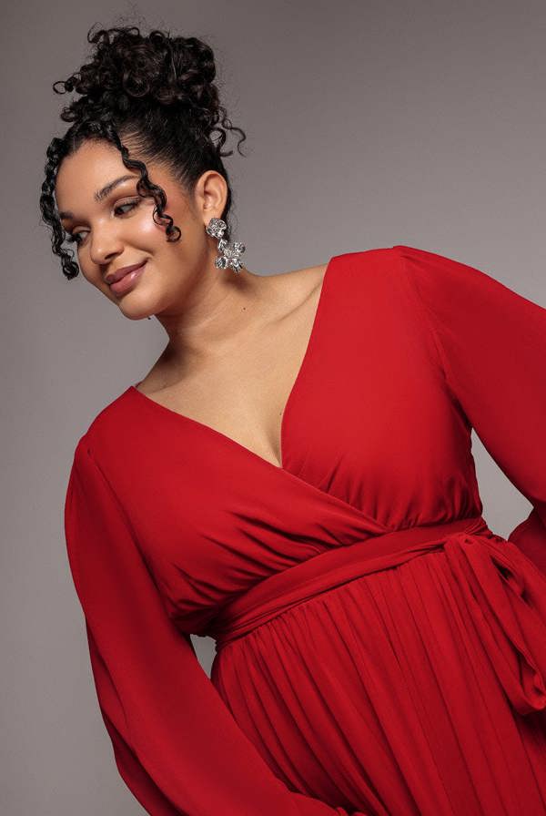 Wrap Back With Front Slit Chiffon Maxi Dress - Red DR2800P