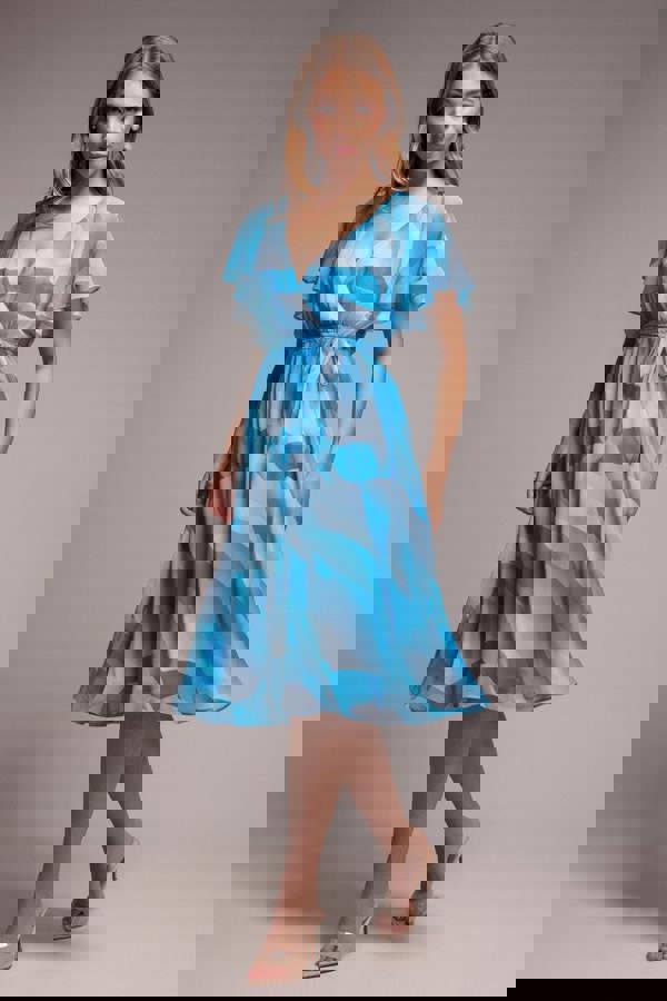 Printed Flutter Sleeve Chiffon Midi Dress - Light Blue DR4515