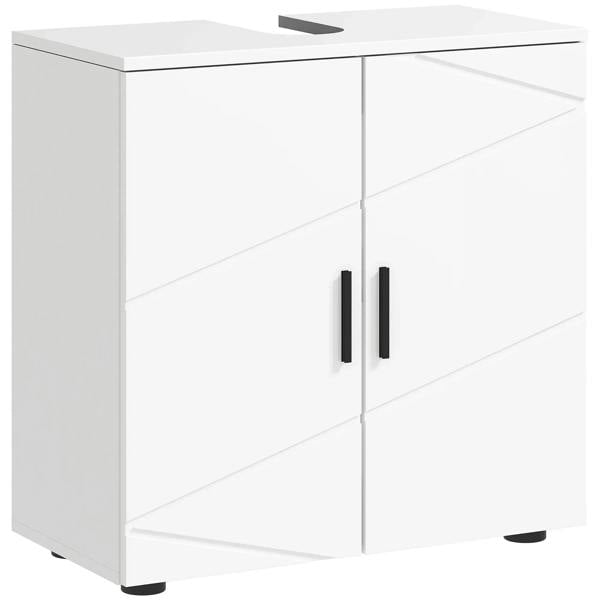 White under-sink cabinet with shelf, two panel doors and black bar handles.