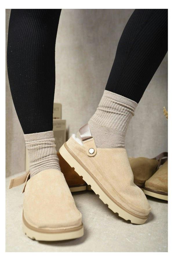 Delilah Faux Fur Slingback Closed Toe Clogs - Beige