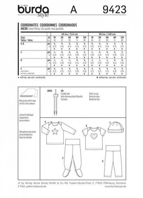 Burda Sewing Pattern 9423 Headwear, Trousers and Tops For Babies, 1 Month - 12 Months - Easy