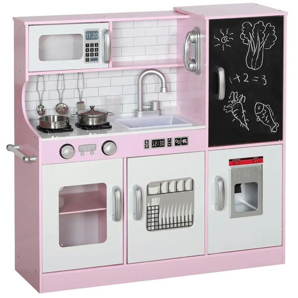 Kids pretend play kitchen set, pink, with microwave, stove, sink, chalkboard, toy phone