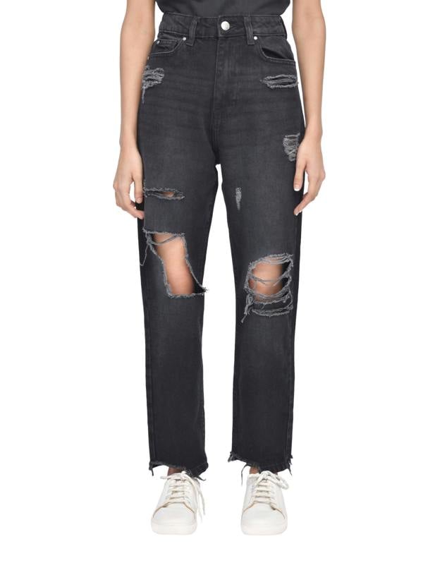 High-Waist Torn Hem Rip Mom Jeans