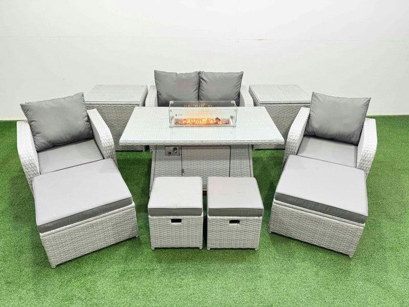 Fimous PE Rattan Lounge Sofa Set 8 Seater Outdoor Garden Furniture Set with Gas Fire Pit Table Love Sofa 4 Footstools 2 Side Tables Light Grey