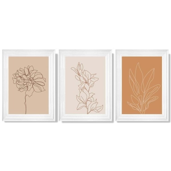 Set of 3 Minimalist Floral Beige Terracotta Framed Art Prints with Glossy White Frames