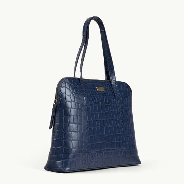 Assots London 'Eva' Navy Croc Real Leather Designer Unlined Tote Bag