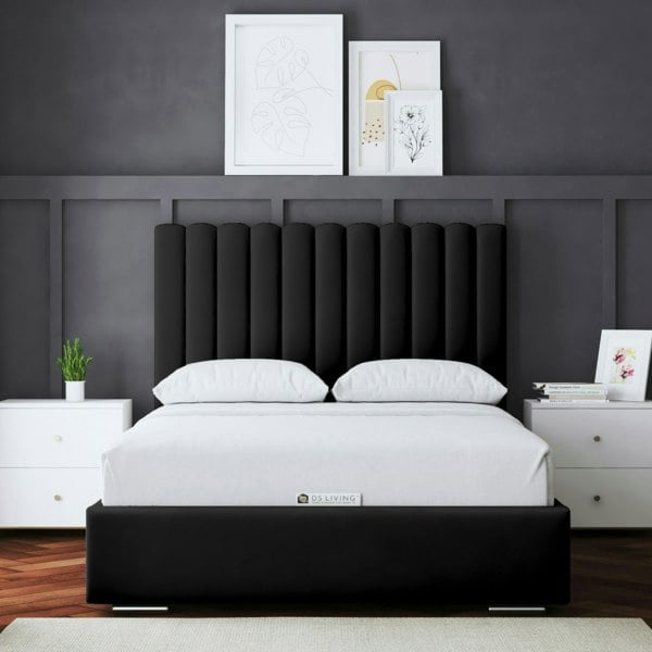 DS Living Evangeline Ottoman Bed with Upholstered Headboard - Black - King / 5ft