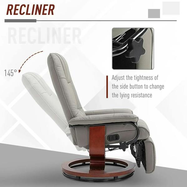 Grey recliner chair with side control panel and rounded swivel base, cushioned seat.
