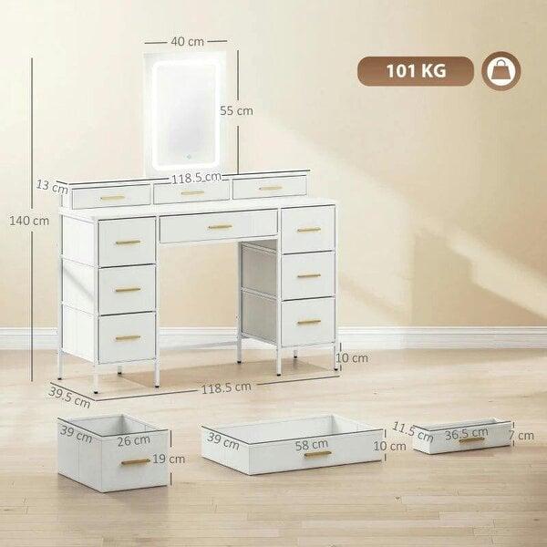 Multi-Storage Elegant Dressing Table, with LED Mirror - White