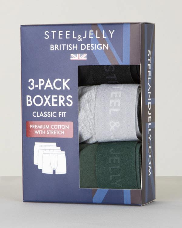 Steel & Jelly Khaki, Grey & Black 3 Pack Boxers