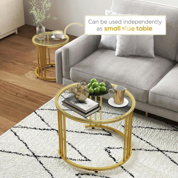 Wyld Haus Livi Metal Gold And Glass Set Of 2 Stripe Round Nesting Coffee Tables