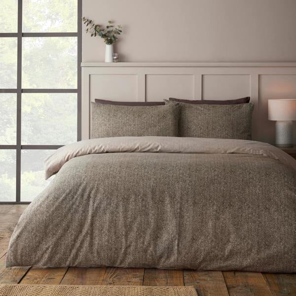 Catherine Lansfield Brushed Herringbone Cotton Reversible Duvet Cover Set Chocolate