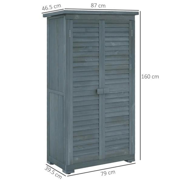 Grey fir wood garden shed with tall double doors, horizontal slats, and side panels.