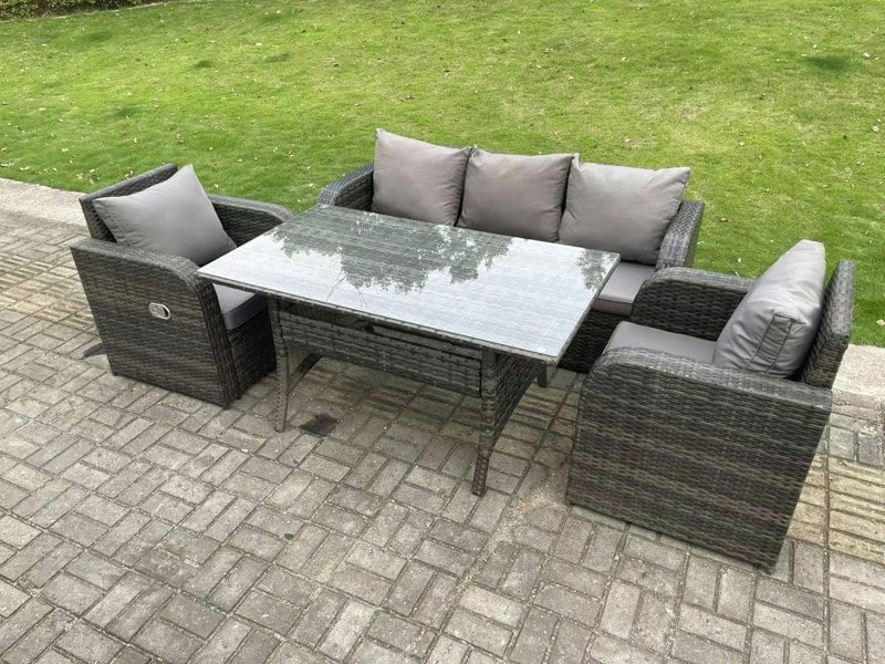 Fimous Dark Grey PE Wicker Rattan Garden Furniture Set 3 Seater Lounge Sofa Reclining Chair Outdoor Rectangular Dining Table 5 Seater