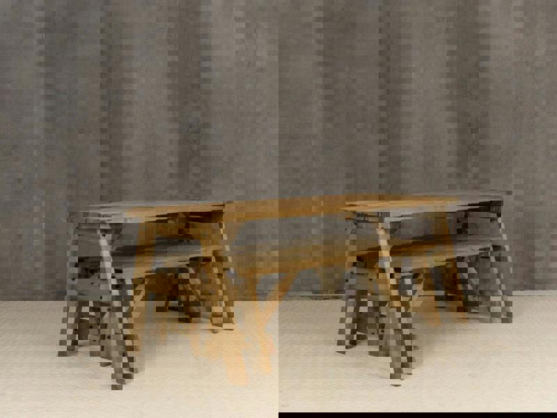 Victoria Space-Saving Picnic Table and Benches Set – Rustic Finish Wooden Outdoor Dining Set for Gardens and Patios