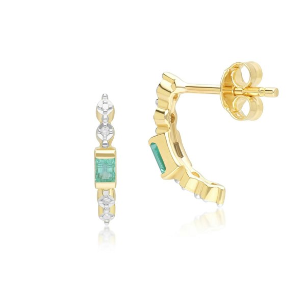 Gemondo Classic Baguette Emerald & Diamond Half Eternity Hoop Earrings in 9ct Yellow Gold