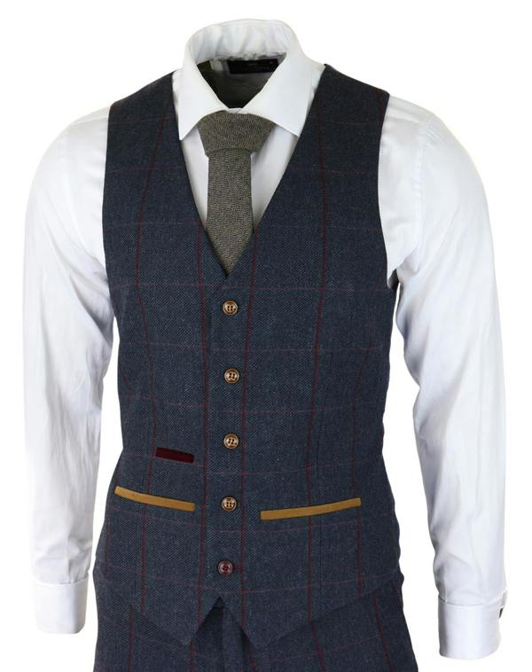 Paul Andrew Mens Herringbone Tweed Suit 3 Piece Navy Blue Peaky Blinders 1920s Tailored Fit