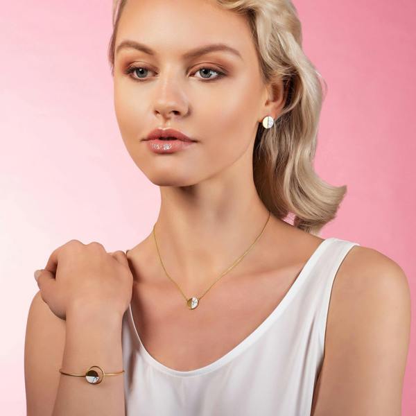 Gold Disc Pendant Necklace with a Created White Agate - namana.london