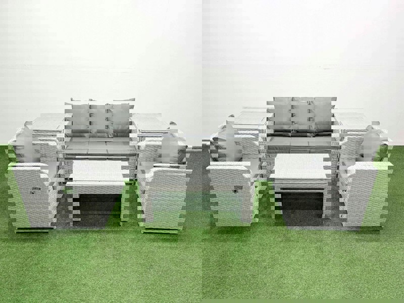 Fimous PE Rattan Garden Furniture Set Reclining Chair Sofa Lounge Sofa Set Rectangular Coffee Table 2 Side Table Light Grey