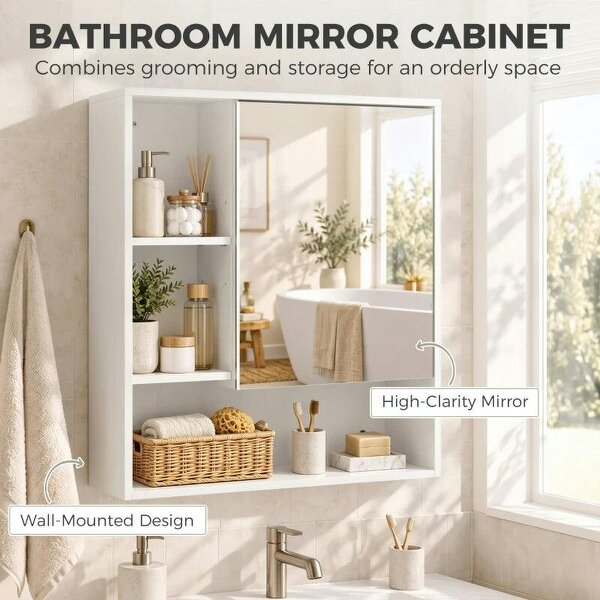 Bathroom Mirror Cabinet, Wall-Mounted Bathroom Cabinet with Mirror Door, Adjustable Shelves, White