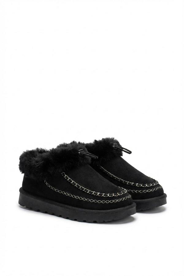 Kessia Faux Suede Fluffy Lined Ankle Boots With Stitch Detail - Black_wb
