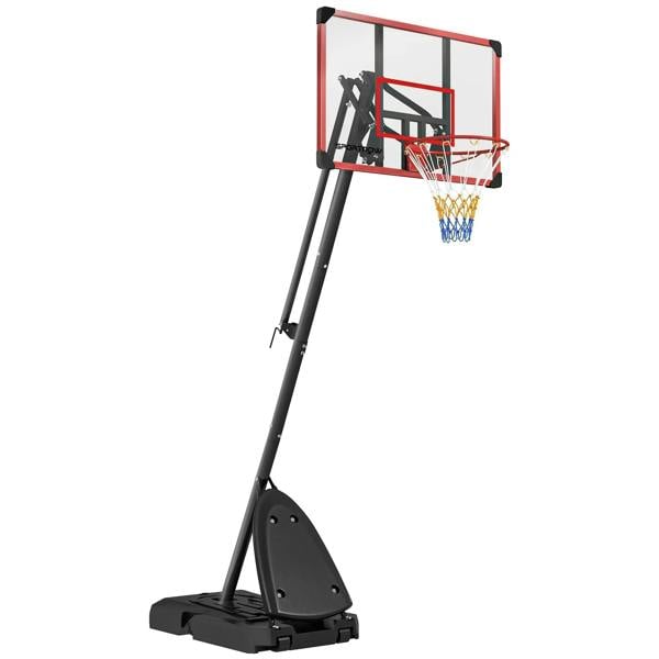 Adjustable basketball hoop stand with red backboard and net, black pole and base