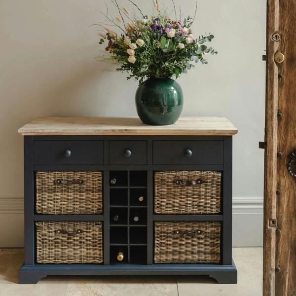 Statement Furniture Florence Wooden Sideboard with Wine Rack, 3 Drawers and Storage Baskets