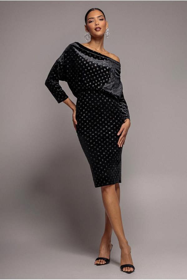 Glitter Velvet Cowl Neck Sheath Midi Dress - Black DR4691