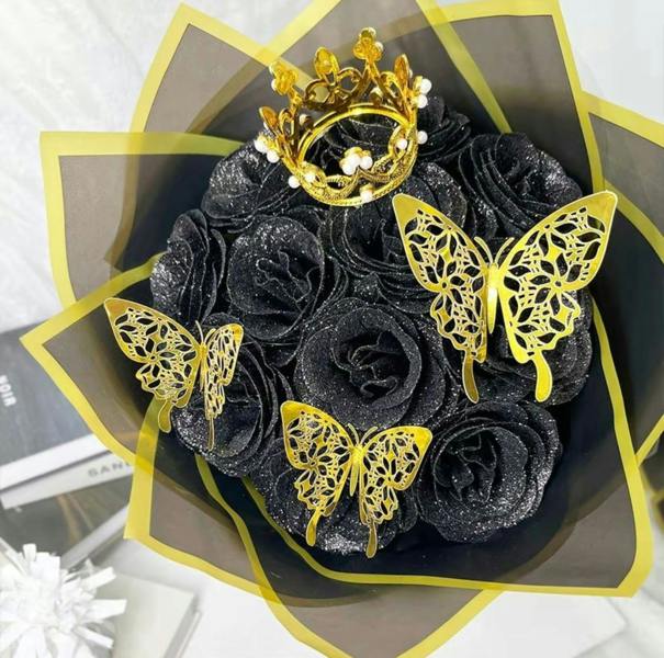 Dragodirect Artificial 12 Red Rose Flower Bouquet With Glitter Crown Butterfly Wedding Party Decoration Valentines Gift