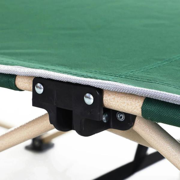 Close-up of green cot fabric edge with black corner bracket and screws