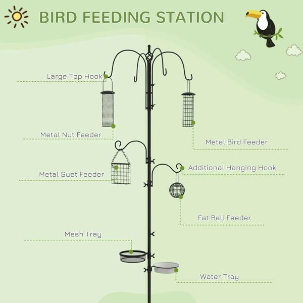 Black bird feeding station pole with multiple hanging feeder baskets and trays