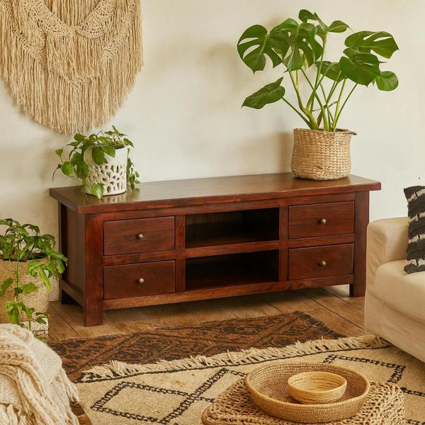 Wyld Haus Oxford Mahogany Mango Wood TV Unit 4 Drawers 2 Shelves