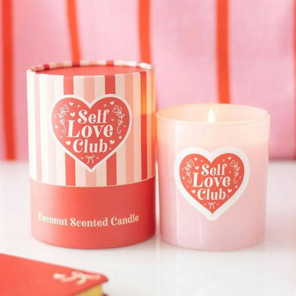Coconut scented candle in pink striped tin with Self Love Club heart label