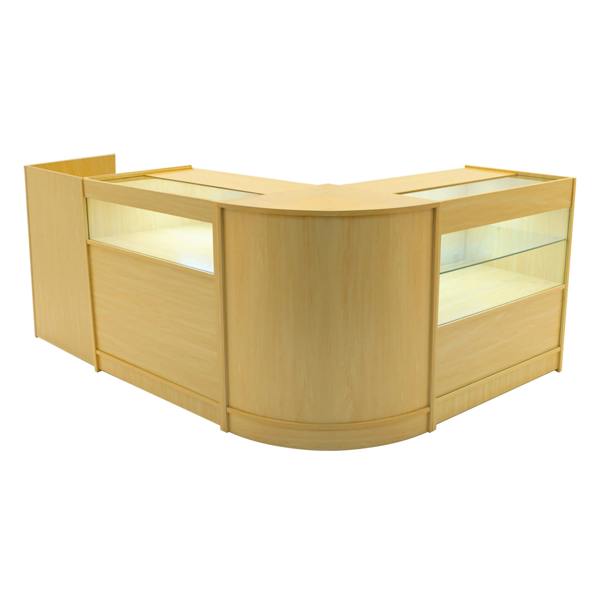 Gravity LED Shop Counter Set in maple finish, featuring sleek curved design, glass display sections, and ample storage space