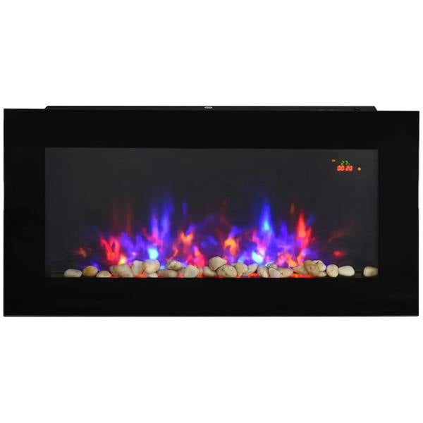 Black wall-mounted electric fireplace with curved glass, LED flame effect and glowing coals