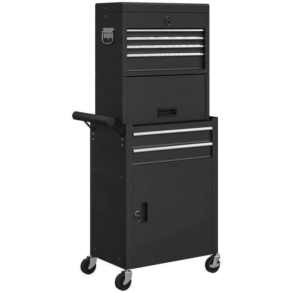 Black steel 3-piece locking tool chest with upper cabinet, drawers, and lockable door; on casters