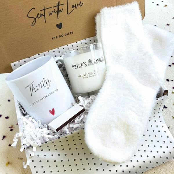 Personalised Thirty Birthday Mug, Candle & Socks Gift Hamper | 30th