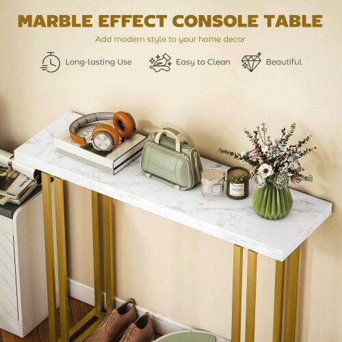 Wyld Haus Mahota Metal And Faux Marble White Slim Entryway Console Table With Safety Bracing